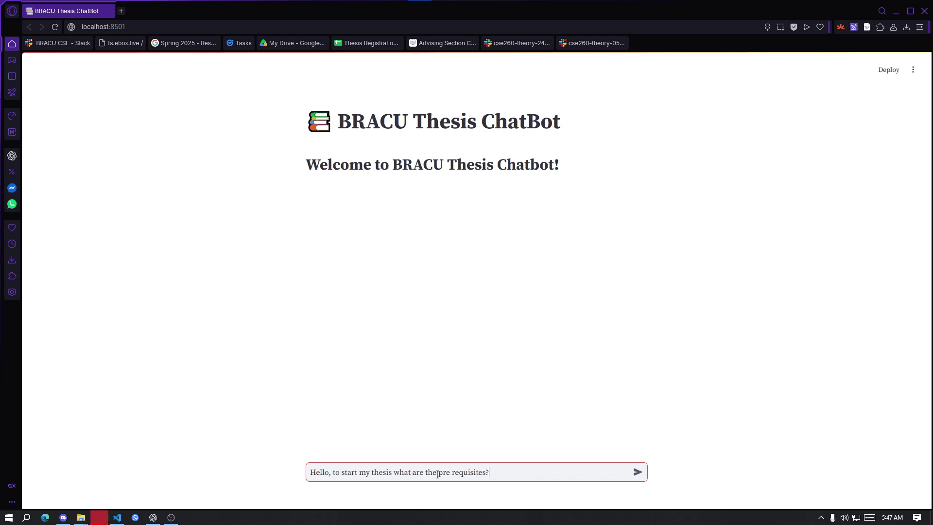 BRACU CSE Thesis Chatbot question entry screen
