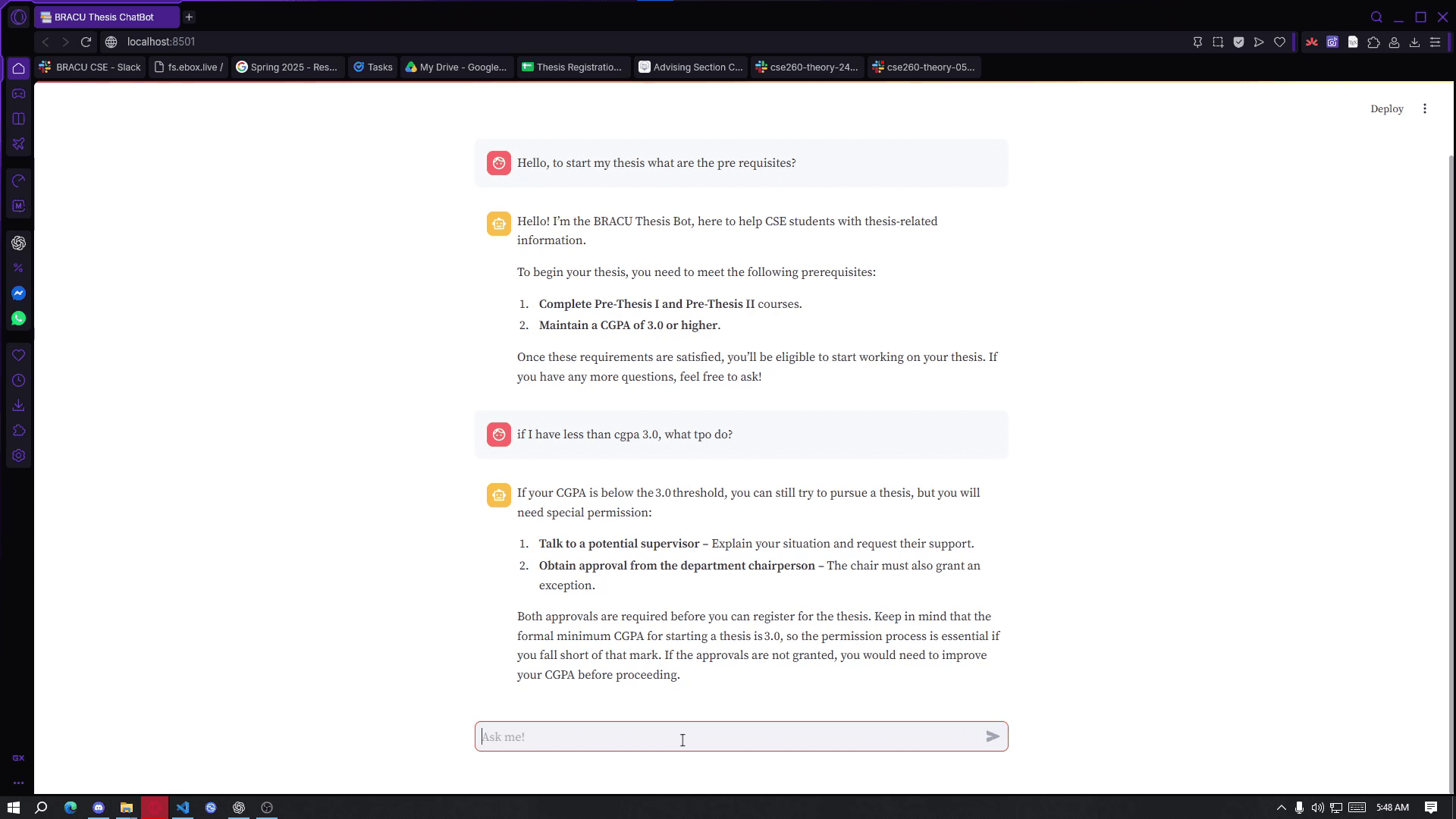 BRACU CSE Thesis Chatbot answering prerequisite and CGPA follow-up questions